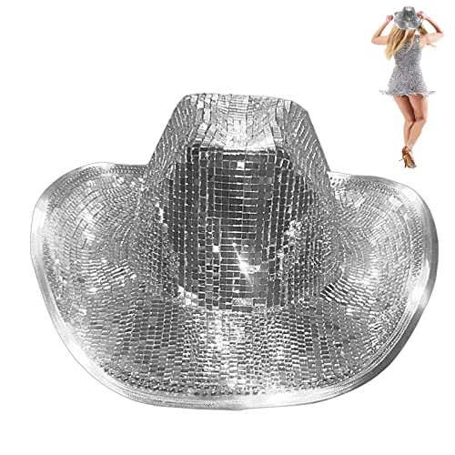 Cowboyhut, glitzernd, glitzernd, für Herren und Damen, Cowboy-Kappen mit verspiegelten Glas-Schmucksteinen, Netz-Akzenten, blinkend, Disco-Kostüm, Party-Accessoire, breite Krempe von HINAA