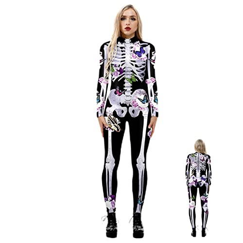HINAA 3D Skelett Overall für Damen Herren Erwachsene, Blume Schmetterling Skelett Druck Onesie Lange Ärmel Halloween Cosplay Kostüm, Atmungsaktiv Cosplay Party Rollenspiel Kleidung, S-XL von HINAA