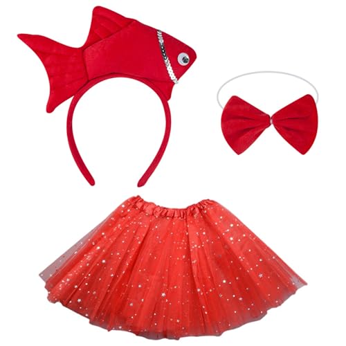 HINAYOSAN 1/3-teiliges Fischkostüm für Kinder, Mädchen, Fisch-Stirnband, Fliege, Tutus, Rock, Halloween, Meerestier-Cosplay-Zubehör, merhfarbig von HINAYOSAN