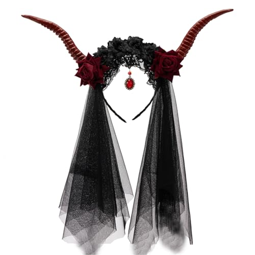 HINAYOSAN Handgefertigte Horn-Stirnbänder für Mädchen, Hexe, Kopfbedeckung, Horn, dunkler Schleier, Pelzanzug, Maskeraden, Halloween, Hexenparty von HINAYOSAN