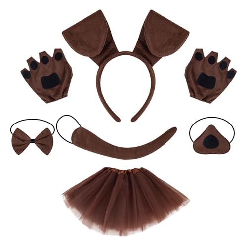 HINAYOSAN Kinder-Hundekostüm-Set mit Hundeohren, Stirnband, Schwanz, Fliege, Nasenrock, Halloween, Tier, Hunde-Outfit, Zubehör für Damen und Mädchen von HINAYOSAN