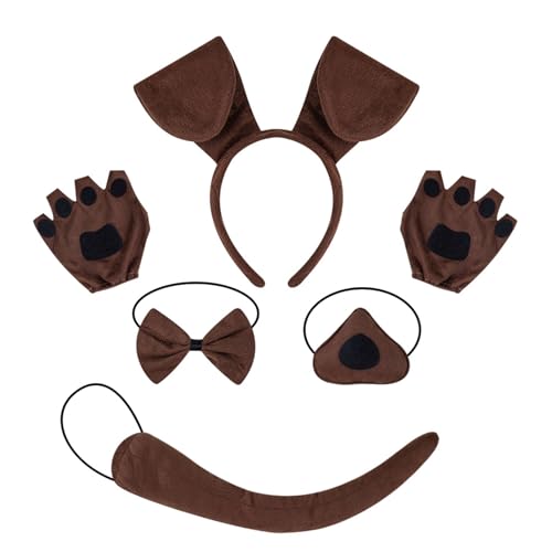 HINAYOSAN Kinder-Hundekostüm-Set mit Hundeohren, Stirnband, Schwanz, Fliege, Nasenrock, Halloween, Tier, Hunde-Outfit, Zubehör für Damen und Mädchen von HINAYOSAN