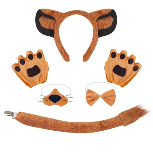 HINAYOSAN Löwenohren Stirnband Plüsch Schwanz Fliege Hunde Haarreifen Set Braun Mesh Rock Tier Cosplay für Halloween Kostüm Cosplay von HINAYOSAN