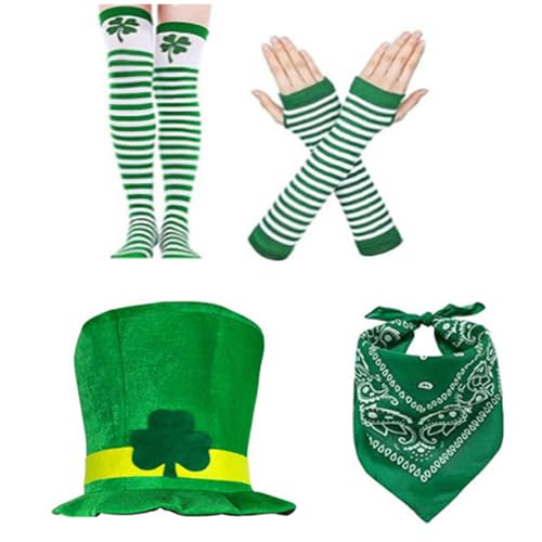 HINAYOSAN StPatricks Day Dressingup-Kostüm, 4-teilig, grünes Kleeblatt, große Mütze, Socken und Handschuhe, Set für irische Nationalfeier von HINAYOSAN