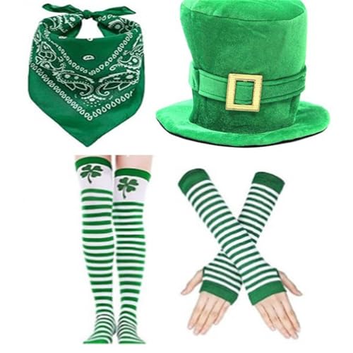 HINAYOSAN StPatricks Day Dressingup-Kostüm, 4-teilig, grünes Kleeblatt, große Mütze, Socken und Handschuhe, Set für irische Nationalfeier von HINAYOSAN