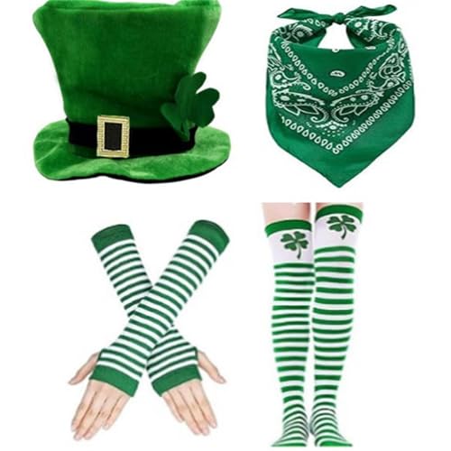 HINAYOSAN StPatricks Day Dressingup-Kostüm, 4-teilig, grünes Kleeblatt, große Mütze, Socken und Handschuhe, Set für irische Nationalfeier von HINAYOSAN