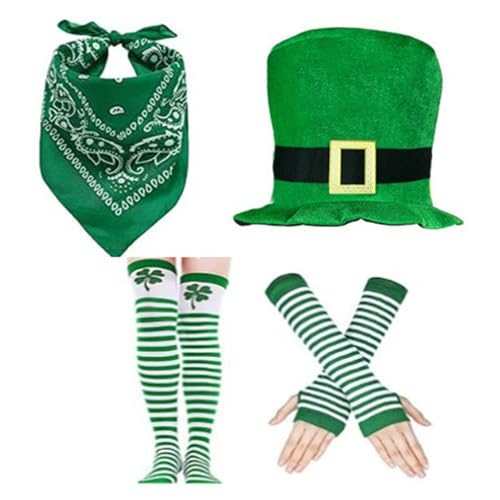 HINAYOSAN StPatricks Day Dressingup-Kostüm, 4-teilig, grünes Kleeblatt, große Mütze, Socken und Handschuhe, Set für irische Nationalfeier von HINAYOSAN