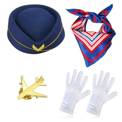 HINAYOSAN Stewardess Hut Sonnenbrille Schal Halloween Kostüm für Jugendliche für Air Hostess Party Kostüm Cosplay Dress Up, 4 Stück, Marineblau, H, 2-3 von HINAYOSAN