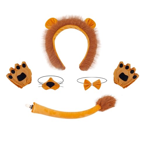 HINAYOSAN Tier-Kostüm-Set für Kinder, Mädchen, Stirnband, Plüschschwanz, Fliege, Pfoten, Handschuhe, Tutus, Tiere, Cosplay, Zubehör, Halloween-Party von HINAYOSAN