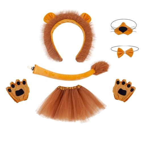 HINAYOSAN Tier-Kostüm-Set für Kinder, Mädchen, Stirnband, Plüschschwanz, Fliege, Pfoten, Handschuhe, Tutus, Tiere, Cosplay, Zubehör, Halloween-Party von HINAYOSAN