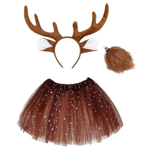 HINAYOSAN Weihnachtliches Hirschkostüm für Damen und Mädchen, Weihnachten, Hirsch-Ohr, Hirschschwanz, Nasenrock, Halloween, Amimal-Outfit, Zubehör von HINAYOSAN