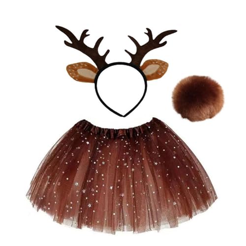 HINAYOSAN Weihnachtliches Hirschkostüm für Damen und Mädchen, Weihnachten, Hirschohren, Stirnband, Hirschschwanz, Nasenrock, Halloween, Amimal-Outfit, Zubehör von HINAYOSAN