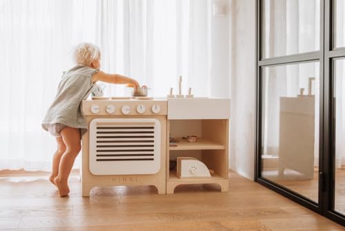 HINGI Kinderküche Holz | Spielküche Holz 80x51x38cm | Montessori Möbel für Kinderzimmer | Holzküche Kinder | Kinderküchen mit Spüle und Backofen | Spielzeug Küche von HINGI