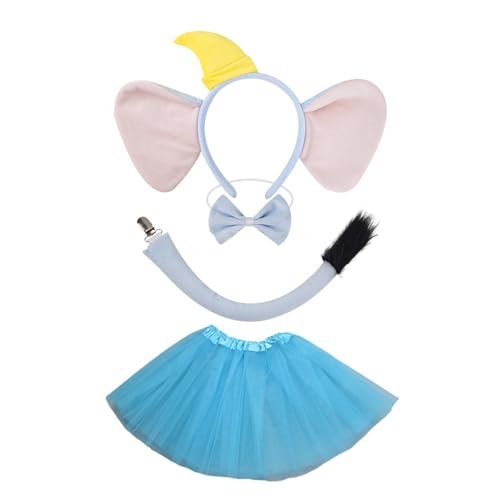 HIOPOIUYT 1/3/4pcs Elefant Kostüm Elefant Ohren Stirnband Schwanz Bowtie Tutus Rock Set Elefant Cosplay Kostümzubehör von HIOPOIUYT