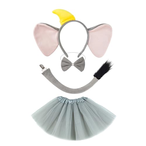 HIOPOIUYT 1/3/4pcs Elefant Kostüm Elefant Ohren Stirnband Schwanz Bowtie Tutus Rock Set Elefant Cosplay Kostümzubehör von HIOPOIUYT