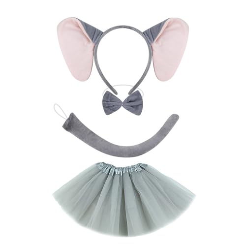 HIOPOIUYT 1/3/4pcs Elefant Kostüm Elefant Ohren Stirnband Schwanz Bowtie Tutus Rock Set Elefant Cosplay Kostümzubehör von HIOPOIUYT