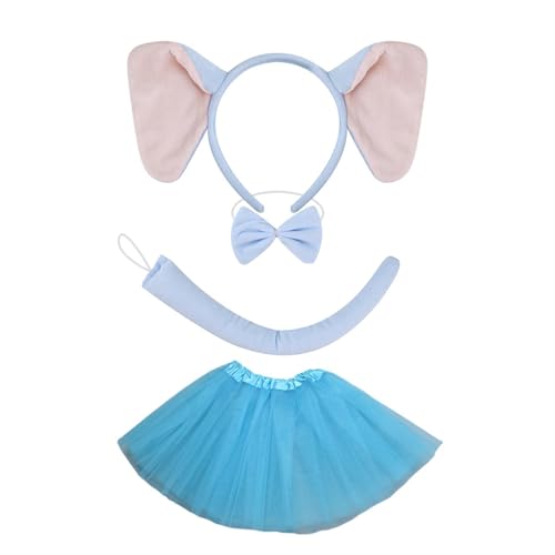 HIOPOIUYT 1/3/4pcs Elefant Kostüm Elefant Ohren Stirnband Schwanz Bowtie Tutus Rock Set Elefant Cosplay Kostümzubehör von HIOPOIUYT