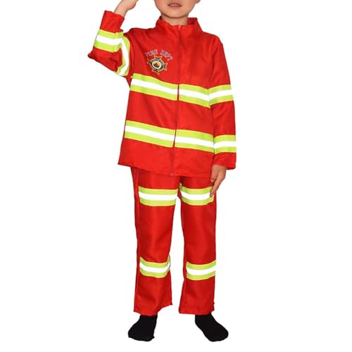 HIOPOIUYT Feuerwehrmann-Kostüm für Kinder, inklusive Mantel und Hose, Halloween-Feuerwehrmann-Kostüm, für Jungen und Mädchen im Alter von 6–10 Jahren, Cosplay-Party von HIOPOIUYT