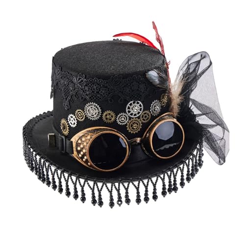 HIOPOIUYT Steampunks Zylinderhut, Unisex, Vlies, viktorianischer Hut mit Brille, Unisex, Kostüm-Hut, coole Hippie-Hut, Halloween-Kopfbedeckung, Kostüm-Hut für Halloween von HIOPOIUYT