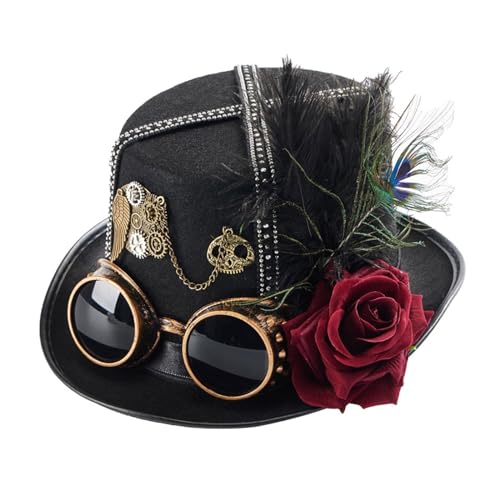 HIOPOIUYT Steampunks Zylinderhut, Vlies, viktorianischer Hut mit Brille, Unisex-Kostüm-Hut, Hippie-Hut, Halloween-Partyzubehör, Steampunk-Hut von HIOPOIUYT