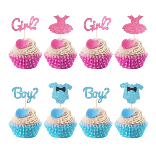 HIOQFR 24 Stück Boy or Girl Tortendeko Babyparty Cake Topper Babyparty Kuchen Deko Gender Reveal Torten Deko Glitzer Cupcake Topper Geburtstag Muffin Deko Tortenaufsatz Baby Shower Deko Kuchen von HIOQFR