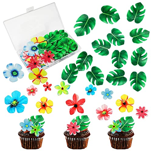 45 Stück Blumen Kuchen Deckel + 45 Stück tortendeko blätter,Essbare Blumen-Kuchen-Deckel,essbare Blätter,Essbare Blumen Cupcake Topper,essbare grüne Kuchendekoration,tortendeko essbar,Dschungel deko von HIQE-FL