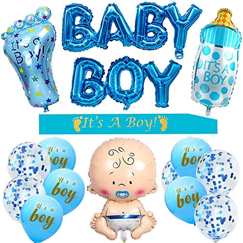 Baby Shower Dekoratione Jungen,16Pcs Geschlecht Offenbaren Party,Babyparty Deko Junge,Baby Shower Deko Taufe Junge,Baby Boy Folienballon,Baby Folienballon Junge von HIQE-FL