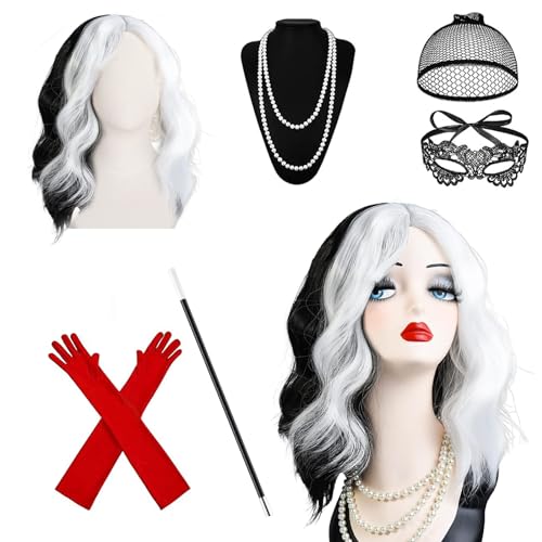 Cruella Kostüm Damen,Halloween Kostüm Damen,70er Jahre Accessoires,Kurze Schwarze und Weiße Perücke mit Damen Spitze Maske,Handschuhe Halskette Set,für Karneval,Fasching,Mottoparty von HIQE-FL