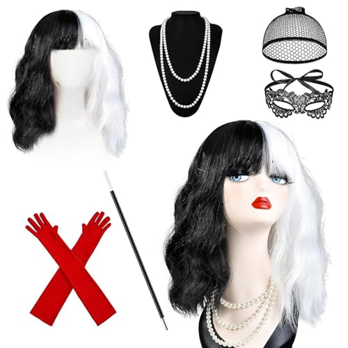 HIQE-FL Cruella Kostüm Damen,Halloween Kostüm Damen,70er Jahre Accessoires,Kurze Schwarze und Weiße Perücke mit Damen Spitze Maske,Handschuhe Halskette Set,für Karneval,Fasching,Mottoparty von HIQE-FL