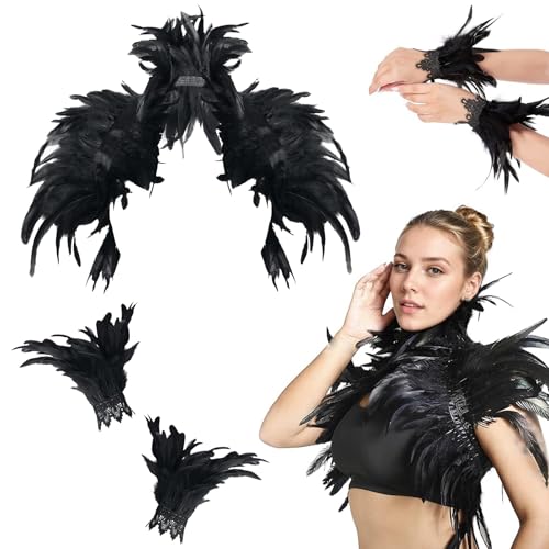 Gothic Feder Achselzucken Schal,Maleficent Kostüm Damen,Feather Schal Halloween,Federumhang mit Feder-Manschetten,Victorian Gothic Federset Flügel Kostüm,für Karneval,Fasching,Mottoparty von HIQE-FL