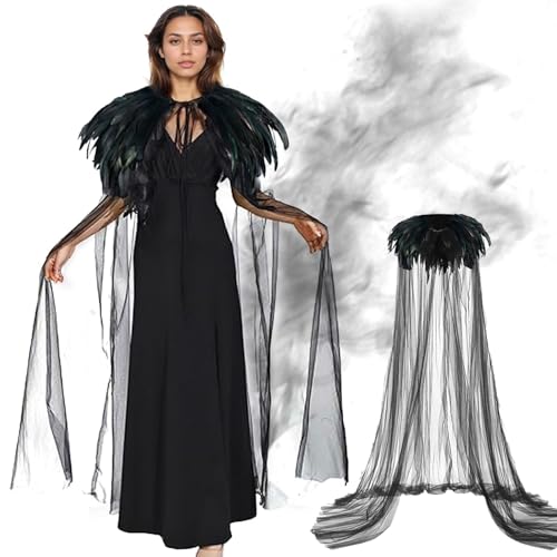 Gothique Noir Plume Epaulette,Dames Plumes Naturelles épaule,Gothique Plume Haussement,Cape de Plume,Schwarzer Tüll Umhang Lang mit Federkragen,Pour le Carnaval,Mardi Gras,Soirée à Thème von HIQE-FL