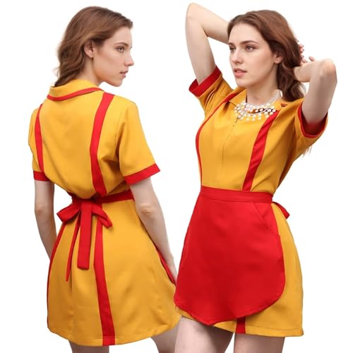 HIQE-FL 2 Broke Girls Kostüm,Karneval Kostüm 2 Broke Girls,Damen Kellnerin Kostüm,Diner Uniform mit Schürze,mit Perlenkette,Karneval Kostüm Damen,für Karneval,Fasching,Mottoparty von HIQE-FL