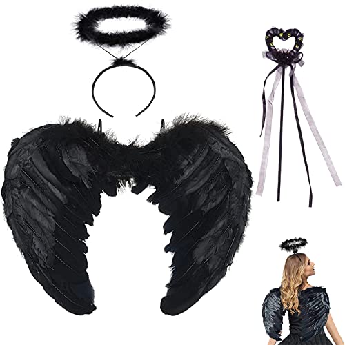 HIQE-FL 60CM,Engel Flügel,Schwarz Engelsflügel Deko mit heiligenschein und Zauberstab,Federflügel Engel,Schwarz Engel Kostüm Damen,Engels flügel Kostüm,für Karneval,Fasching,Mottoparty von HIQE-FL