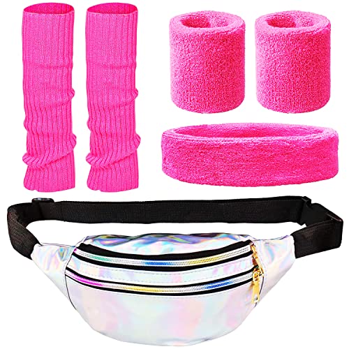 HIQE-FL 80 Jahre Kostüm Zubehör für Damen Set,6Pcs Neon Perlenkette Set,80s Fancy Dress Mädchen,Silberne Bauchtasche,Neonrosa Stirnband,80er Jahre Kleidung Damen Sportlicher Stil Set（B） von HIQE-FL