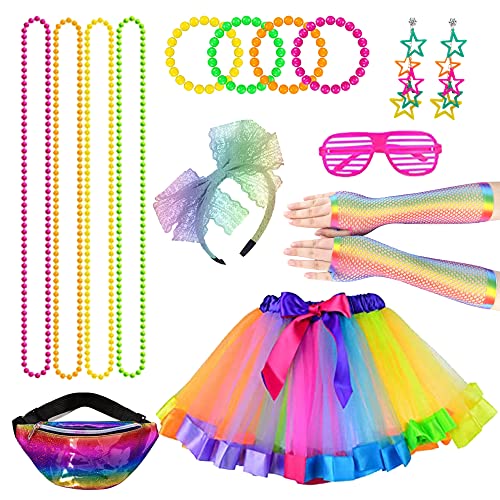 HIQE-FL 80er Jahre Kostüm Zubehör für Damen: Neon Perlenkette Set, 80s Fancy Dress Mädchen, Frauen Night Out Party Kostüm Zubehör, für 80er Jahre Thema Party Zubehör von HIQE-FL