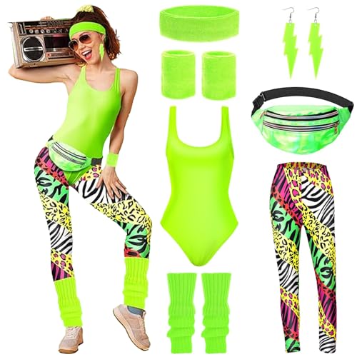 HIQE-FL 80er Jahre Accessoires Outfit Damen,Damen 80er Jahre Workout Kostüm,80er Jahre Outfit Damen,80er Jahre Accessoires,mit Bauchtasche,Stirnband,für Karneval,Fasching,Mottoparty von HIQE-FL