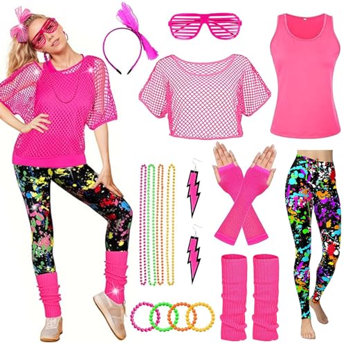 HIQE-FL 80er Jahre Accessoires Outfit Damen,Damen 80er Jahre Workout Kostüm,80er Jahre Outfit Damen 80er Jahre Accessoires,mit Bauchtasche,4 Perlen Neonhalsketten,für Karneval,Fasching,Mottoparty. von HIQE-FL