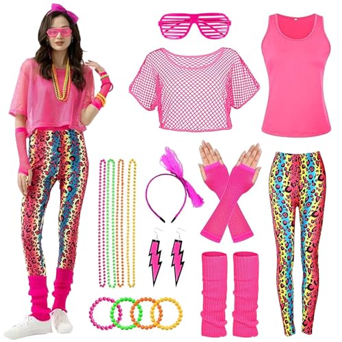 HIQE-FL 80er Jahre Accessoires Outfit Damen,Damen 80er Jahre Workout Kostüm,80er Jahre Outfit Damen 80er Jahre Accessoires,mit Bauchtasche,4 Perlen Neonhalsketten,für Karneval,Fasching,Mottoparty. von HIQE-FL