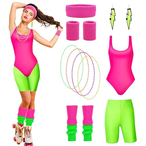 HIQE-FL 80er Jahre Accessoires Outfit für Damen, Workout Kostüm mit Bauchtasche, 4 Perlen Neonhalsketten für Karneval, Fasching, Mottoparty HIQE-FL 80er Jahre Accessoires Outfit für Damen, Workout Kostüm mit Bauchtasche, 4 Perlen Neonhalsketten für Karneval, Fasching, Mottoparty von HIQE-FL