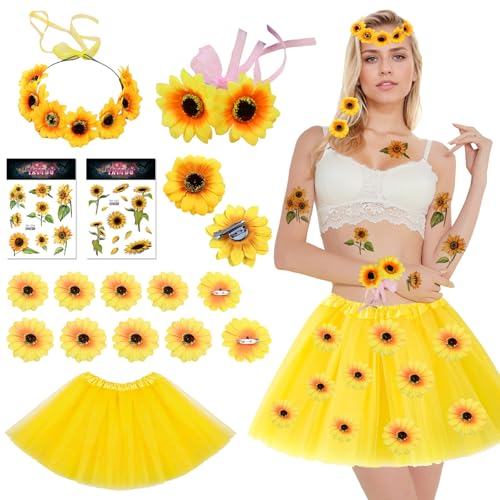 HIQE-FL Damen Sonnenblumen Kostüm,Sonnenblumen Kostüm Damen,Sonnenblumen Kostüm Accessoires Set,Sonne Kostüm Damen,Gelb Tüllrock,Sonnenblumen Haarschmuc,für Karneval,Fasching,Mottoparty von HIQE-FL