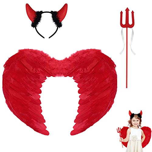 HIQE-FL Engelsflügel mit Teufelshörner,Teufel Kostüm 45CM,Teufelshörner und Dreizack,Engel Flügel Für Faschingskostüme,Federflügel Engel,Engelsflügel Deko,für Karneval,Fasching,Mottoparty von HIQE-FL