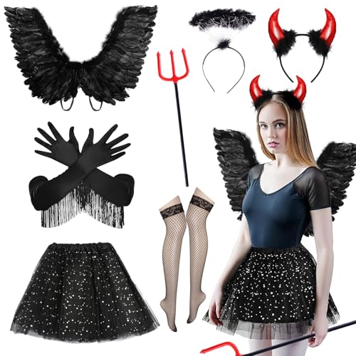 HIQE-FL Engelsflügel Schwarz,Teufel Kostüm,Engel und Teufel Flügel Kostüm Damen,Tutu,Engel Flügel, Engel Haarreif,Teufel Hörner,Teufel Dreizack,für Halloween Karneval Fasching Cosplay Party von HIQE-FL