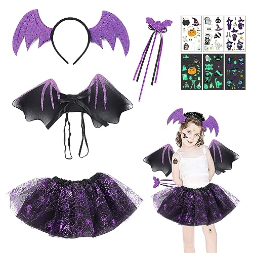 HIQE-FL Fledermaus Kostüm Kinder,Fledermaus Kostüm Set,Fledermaus Kostüm Kinder Mädchen,mit Fledermaus Headband, Stab,Flügel und Tutu für Halloween,Karnevals,Fasching,Mottoparty von HIQE-FL