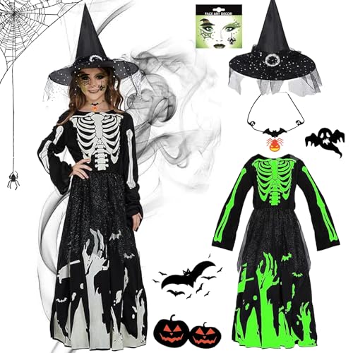 HIQE-FL Hexenkostüm Kinder,Hexenkostüm Mädchen,Hexe Kostüm Kinder Mädchen,Hexen Kostüm mit Hexenhut,Mädchen Kinder Lange Hexenkleid,Mädchen Hexenkostüm,Halloween Karneval Fasching Kostüme von HIQE-FL