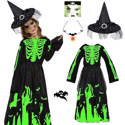 HIQE-FL Hexenkostüm Kinder,Hexenkostüm Mädchen,Hexe Kostüm Kinder Mädchen,Hexen Kostüm mit Hexenhut,Mädchen Kinder Lange Hexenkleid,Mädchen Hexenkostüm,Halloween Karneval Fasching Kostüme von HIQE-FL