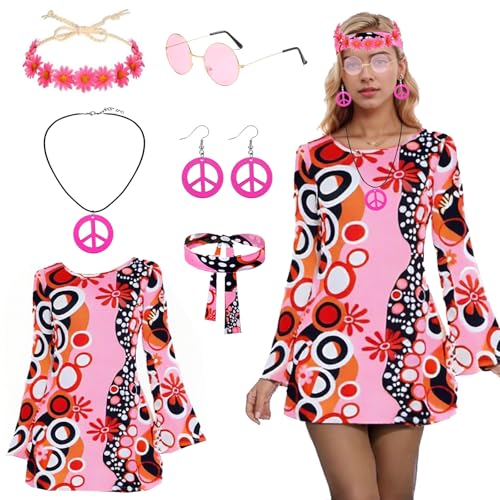 HIQE-FL Hippie Kostüm Damen,Hippie Kostüm Set,60er 70er Jahre Bekleidung Damen,Hippie Accessoires,Hippie Kleidung Damen Set,Hippie Kleid,Hippie Kleidung Damen Kostüm,für Karneval,Fasching,Mottoparty von HIQE-FL