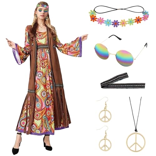 HIQE-FL Damen 60er 70er Jahre Hippie Kostüm Set mit Fransenweste, Paisleymuster & Peace Zeichen für Damen, Karneval, Fasching & Mottopartys von HIQE-FL