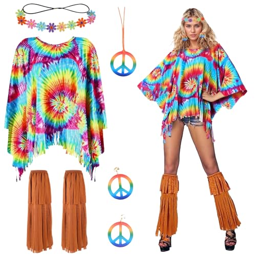 HIQE-FL Hippie Kostüm Damen,Hippie Kostüm Set,Hippie Kostüm Damen Poncho Set,60er 70er Jahre Bekleidung Damen,Hippie Accessoires,Hippie Poncho Damen,für Karneval,Fasching,Mottoparty von HIQE-FL