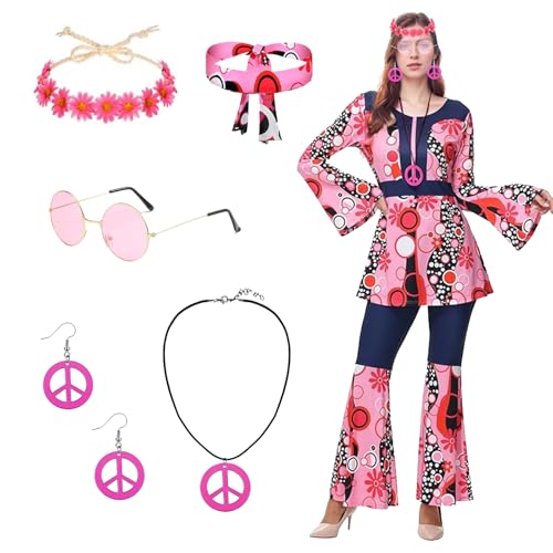 HIQE-FL Hippie Kostüm Damen,Damen-Hippie-Kleid,Hippie Kleidung Damen Set,1970er-Kostüm,70er Jahre Outfit Damen,Karneval Kostüm Damen Hippie Set 60 70er,für Karneval,Fasching,Mottoparty von HIQE-FL