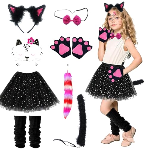 HIQE-FL Katzenkostüm Kinder,Katze Tierkleid Cosplay Set,Katzenohren Stirnband Kätzchen,Katze Cosplay Set,Katzen Kostüm Set,Katze Cosplay Kostüm Set,für Karneval,Fasching,Mottoparty von HIQE-FL